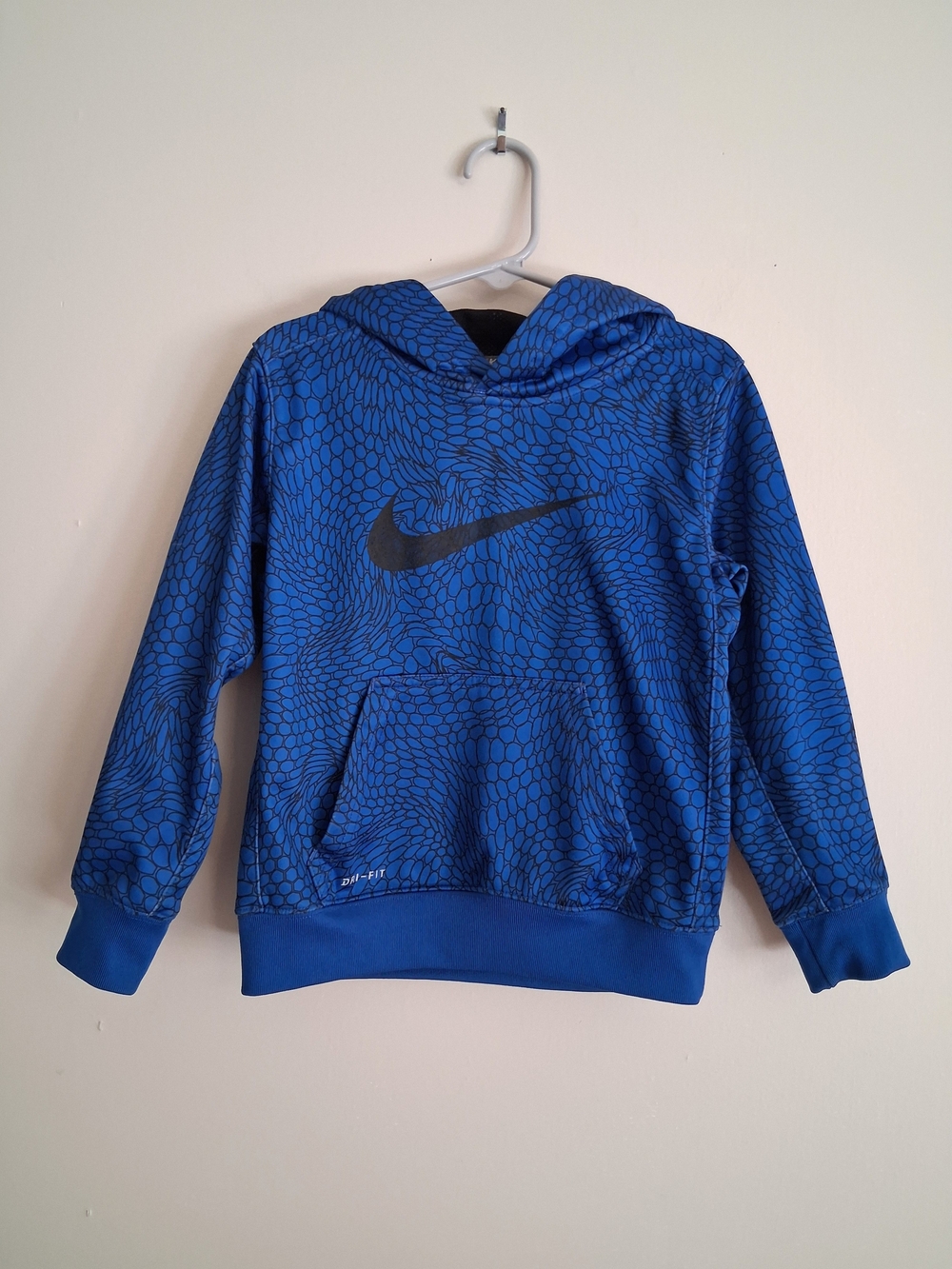 Nike Dri-FIT Hoodie Sweatshirt Blue With Black Geometic Web Or Scale Print 4T